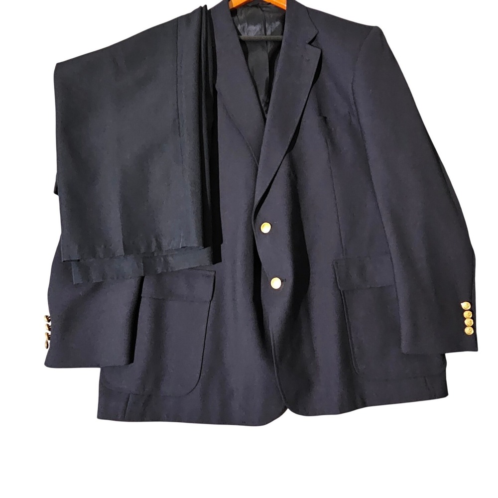 Oakton Ltd. Suit Mens 52BT Navy Blue Wool Blend Gold Crest Buttons Made in USA